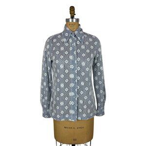 Vintage 70s Crochet Shirt Womens M Blue White Embroidered Boho Top Peasant